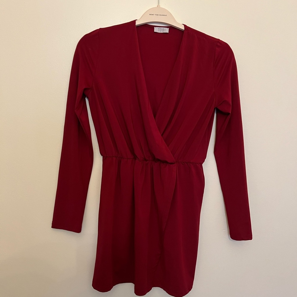 Dark red long sleeve mini wrap dress